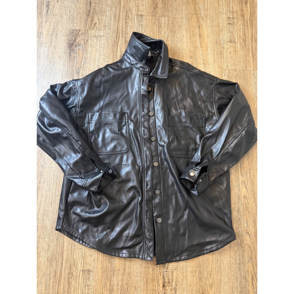 No Boundaries Black Faux Leather Shacket Relaxed Fit Snap Front Size M 7-9 NEW